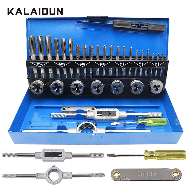 

KALAIDUN 32Pcs Tap&Die Set HSS Metric M3-M12 Manual Screw Threading Tapping Wrench Machine Tool Set Heavy Duty Repair Hand Tools