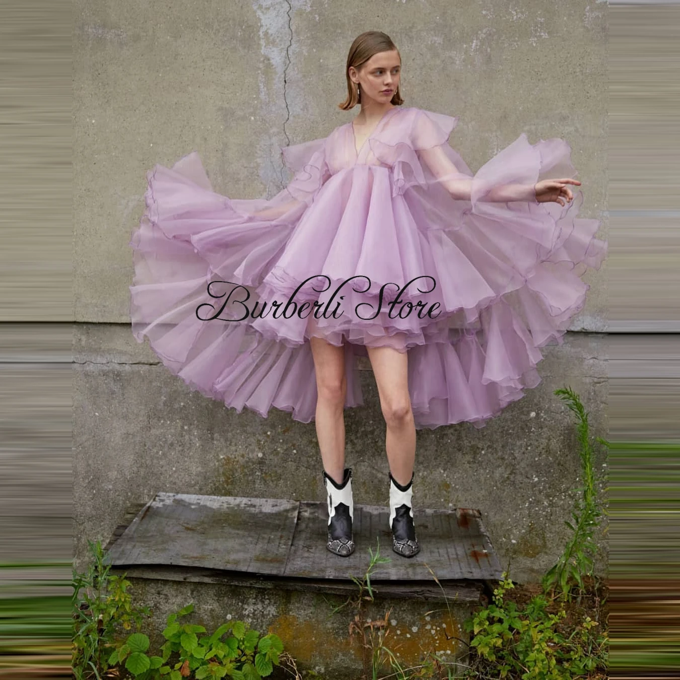Cute Light Purple Ruffles Ruched Tulle Girls Dress To Party See Thru V-neck Long Sleeves Mesh Short Summer Women Gowns High Low