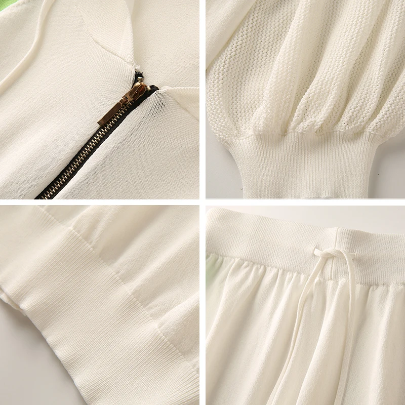 

Summer Contrast Color Hollow Out Knitted Tracksuit Women Half Sleeve Zipper Pullover T-Shirt Sweatpants Casual Loose 2-Piece Set