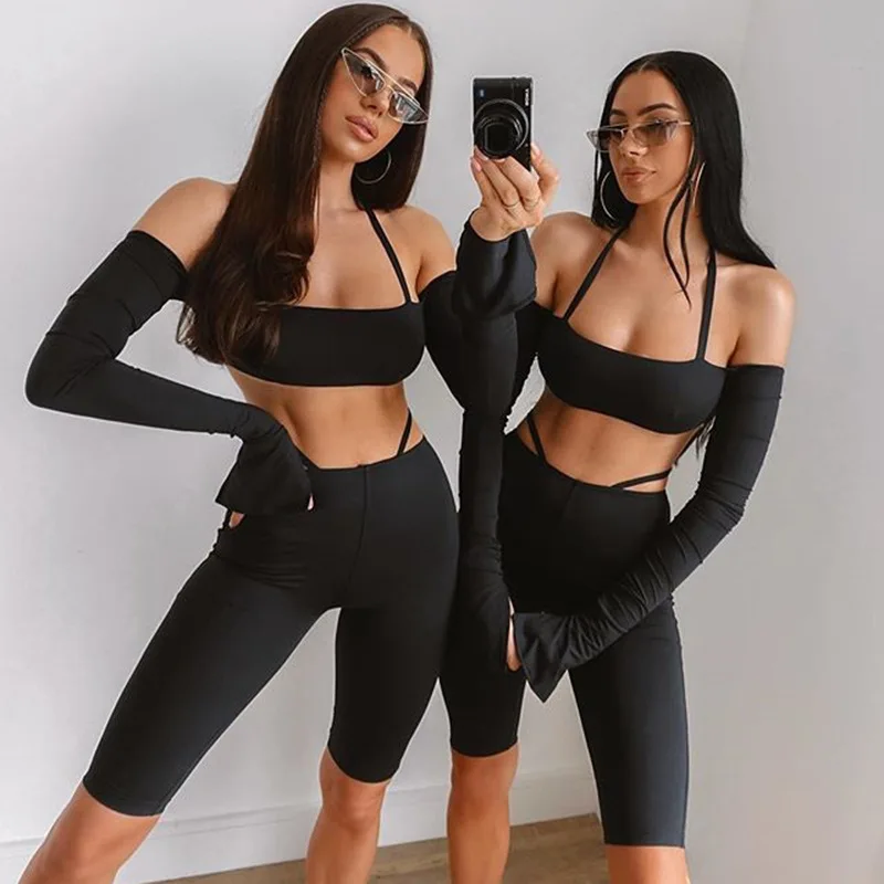

Hot Women's Cropped Top Shorts Suit Elastic Home Gym Neck-Hanging Wear Solid Color Tight Pants