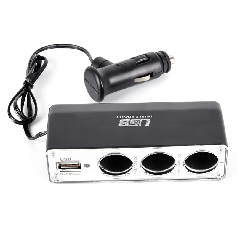 

1pcs Triple Socket Splitter Cigarette Lighter Adapter Plug & USB Port 3 Way Charger