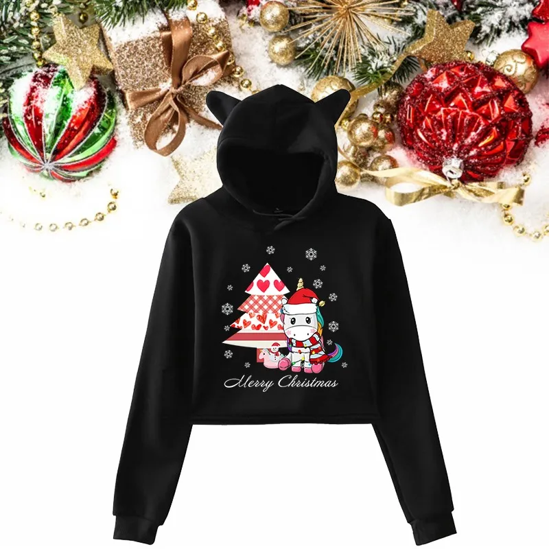 

2021 Счастливого Рождества толстовки Kawaii Мультфильм единорон графические толстовки свитшоты однотонные пуловер толстовка с капюшоном милый...