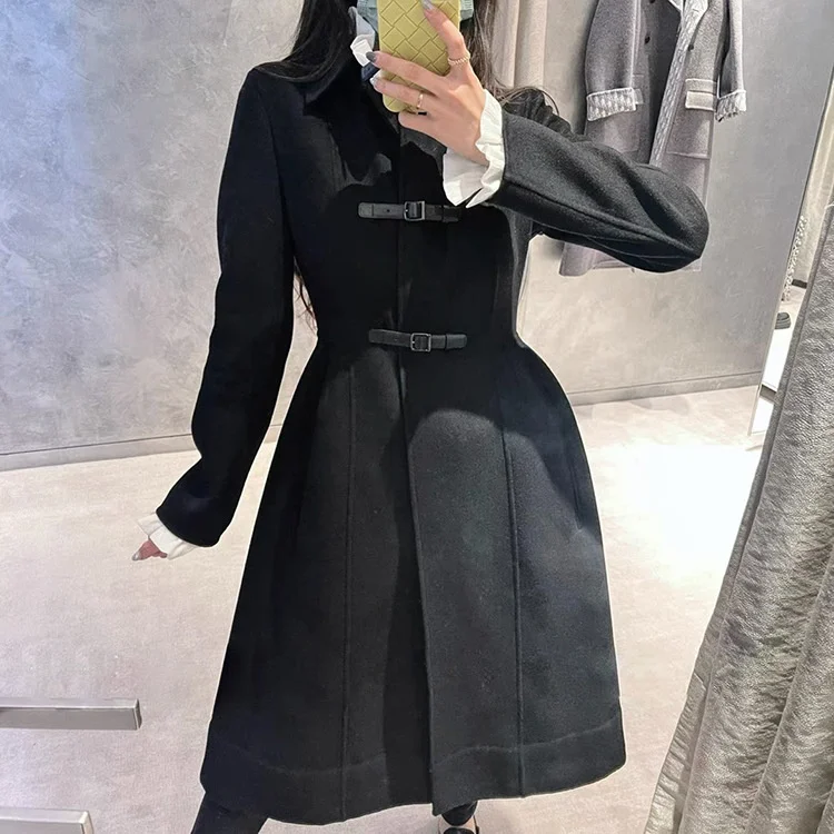 

2021 autumn and winter wool double-sided tweed Dr windbreaker show simple slim fit leather buckle waist closing coat women's