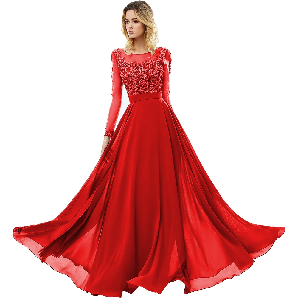 Красный Vestido de festa, серое шифоновое длинное вечернее платье, сексуальное, с открытой спиной, с длинными рукавами, кружевное платье для выпускного вечера, Vestido Longo - Цвет: Красный
