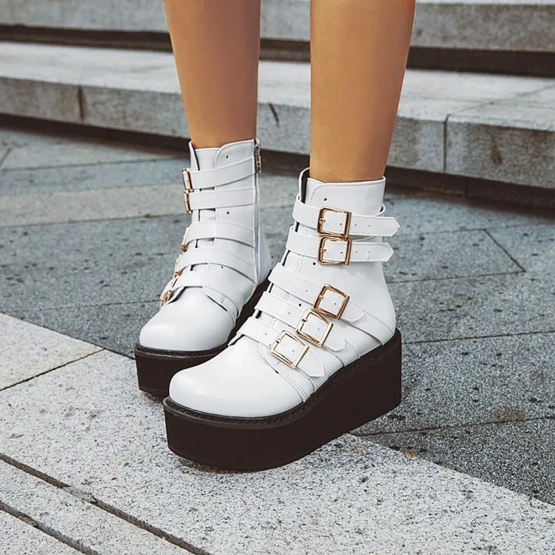 US4-13 женские ботильоны с круглым носком на платформах ремешками и пряжкой обувь в