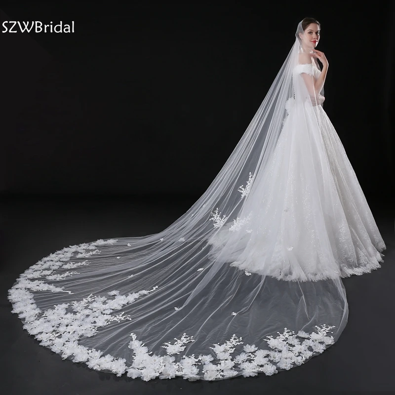

New Arrival Ivory 3 Meter Wedding Veil with Comb Lace Appliques Casamento bridal veil velo de novia catedral long veil