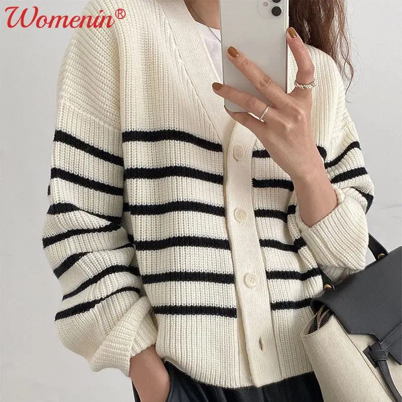 

Женский однобортный Кардиган в полоску, Свободный вязаный свитер с V-образным вырезом в стиле Харадзюку, повседневный теплый Топ с длинным р...