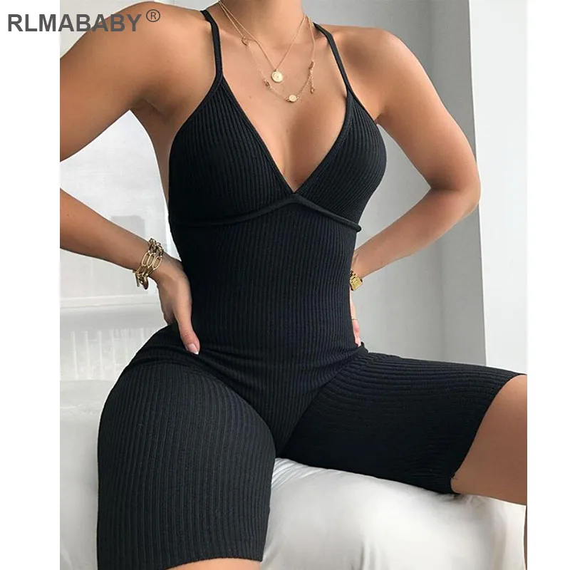 

Женский комбинезон с открытой спиной, облегающий комбинезоны без рукавов с V-образным вырезом, повседневный спортивный костюм, сексуальный ...