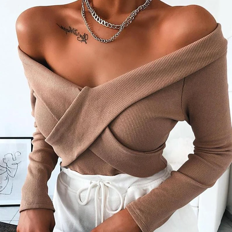 

New Cotton Pullover Sexy Off Shoulder One Word Collar Front Cross Long Sleeve Slim Fit Temperament Commuting Women Top
