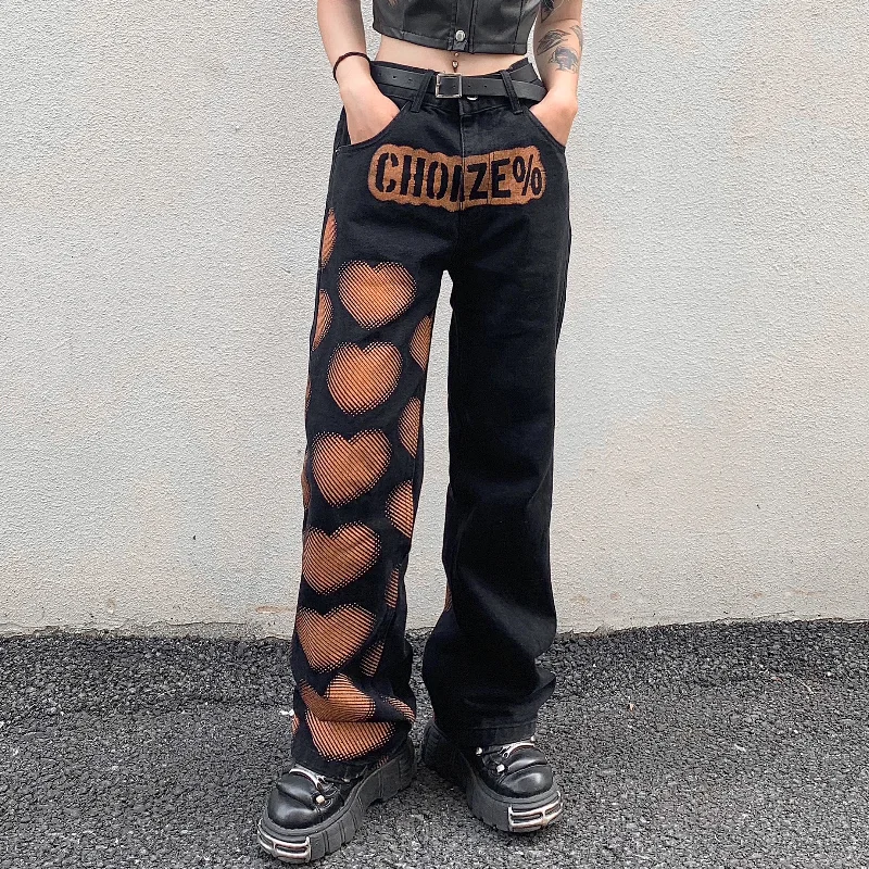 

New Autumn Vintage Women's Jeans Love Graffiti Casual Denim Straight Leg Trousers High Street Hiphop Baggy Wide Leg Pants Mujer