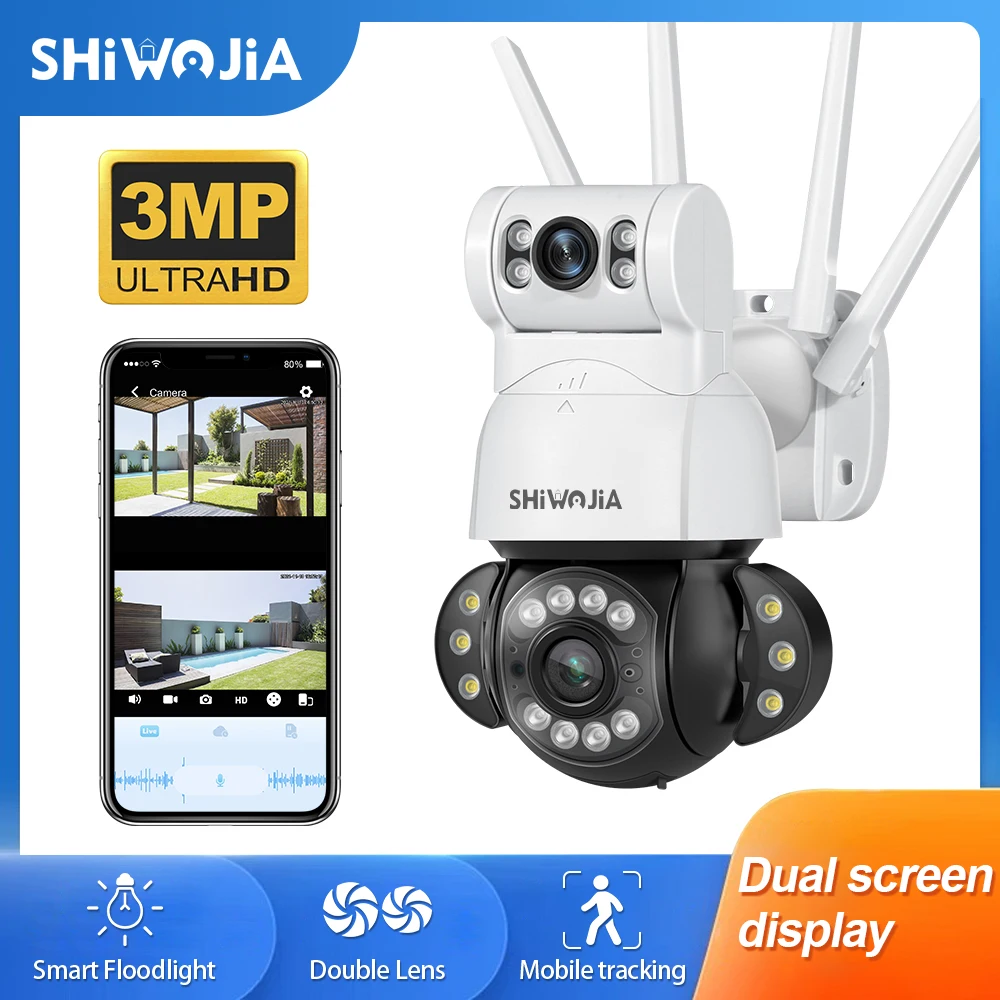 

IP-камера видеонаблюдения shiвоенia, 3 Мп, 2 объектива, Wi-Fi, 4-кратный зум, автоматическое отслеживание движения