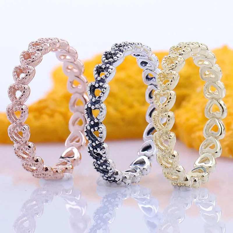

Original Rose Golden Shine Openwork Vintage Linked Love Heart Rings For Women 925 Sterling Silver Ring Gift Europe Jewelry