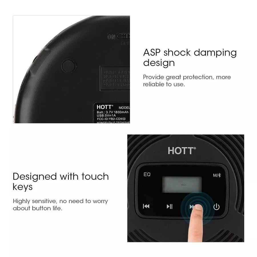 Портативный Перезаряжаемый CD плеер HOTT Bluetooth 5 0 с FM передатчиком сенсорной кнопкой