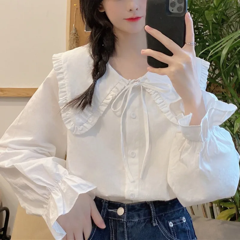 

Design Sense Women's Chic Shirt Early Autumn Baby Collar Top Long Sleeve White French Style Shirt Rac