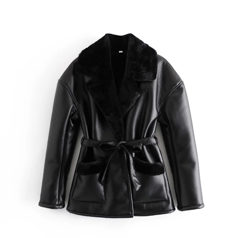 

PU Leather Fur Coats Women Winter Warm Jacket Jackets Turn-Down Collar Thickness Faux Leather Outwear With Pockets and Belt