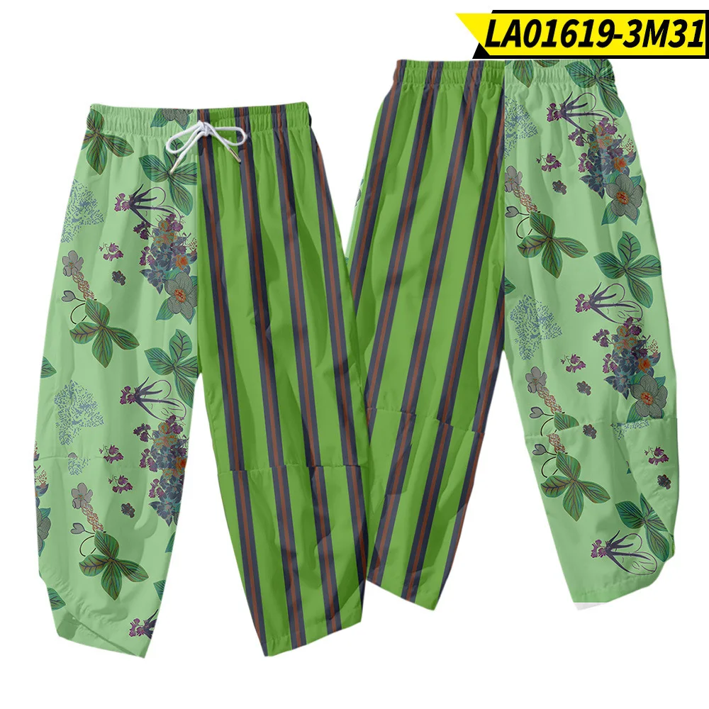 

Plus Size 6XL Men Yukata Tops Pants Set Samurai Harajuku Loose Hawaii Green Floral Striped Patchwork Kimono Cardigan
