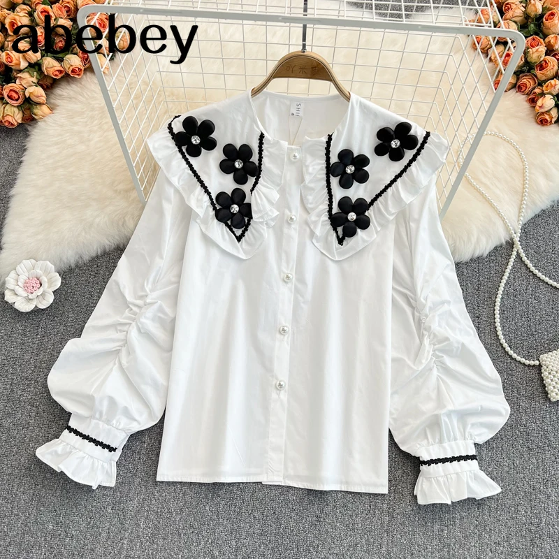 

2022 New Spring Autumn French doll collar long sleeve Shirt Agaric edge patchwork three-dimensional flower loose Shirt Top