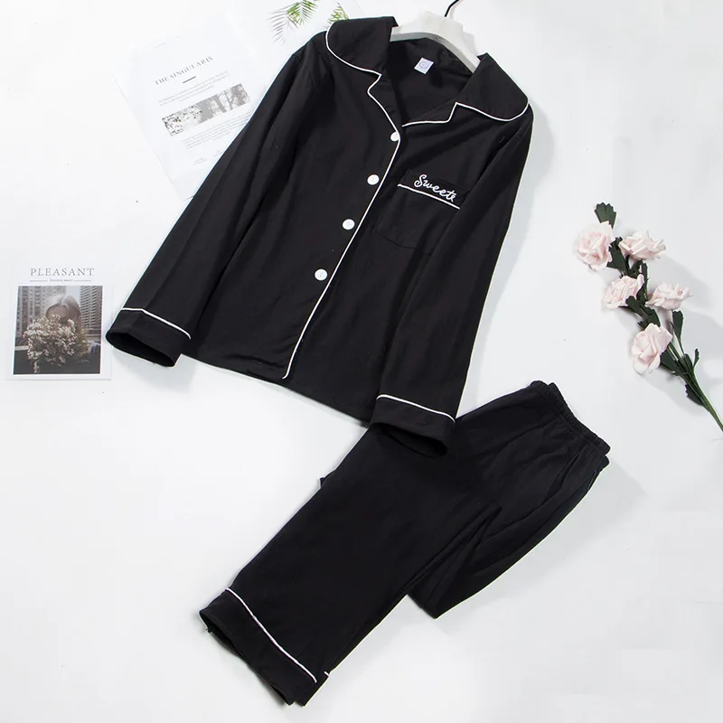 

Cotton Pajamas Set For Women Sleepwear Casual Pyjamas 2021 New 2PCS Sleep Set Shirt&Pants Solid Nightwear Intimate Lingerie