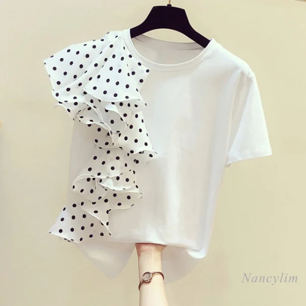 

Polka Dot Ruffled Patch T Shirt Woman 2021 Summer New Short-Sleeved T-shirts Irregular Loose Crew Neck Top Lady Chic Top