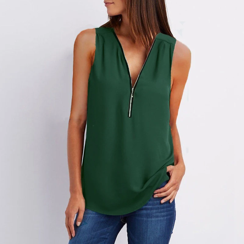 

New Casual Chiffon Tops Women Zipper Summer V Neck Blouse Shirt Ladies Elegant Sleeveless Loose Solid Ladies Shirts