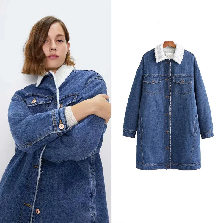 

2021 feminino korean abrigos mujer Mid-length denim jacket autumn winter fleece women coat za người phụ nữ áo khoác