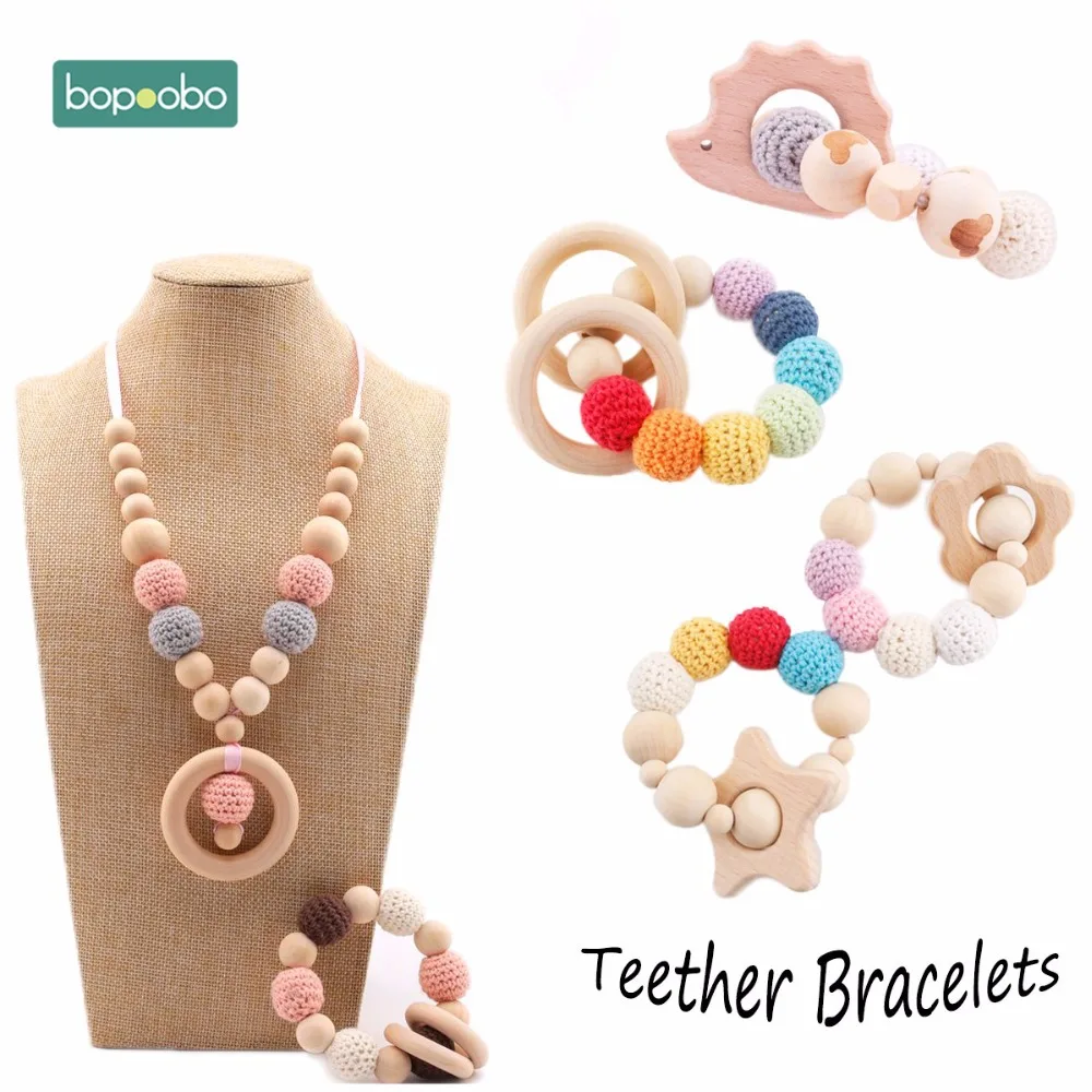 

1set Baby Rattle DIY Jewelry Set Crochet Beads Baby Blending Natural Wooden Beads Silicone Round Geometry Wooden Teether