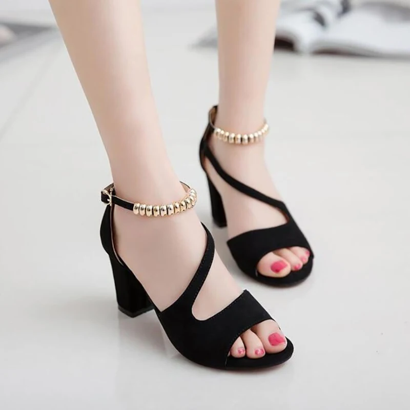 

2021 Fashion Sexy Sandals Hollow Roman Sandals Thick with Beaded High Heels Female Summer Sexy Female Sandals Heels Women 34-42