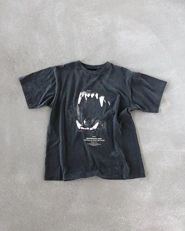 

American street brand peso wash old retro hip hop T-shirt men's wolf teeth printed high street oversize short sleeve T-shirt