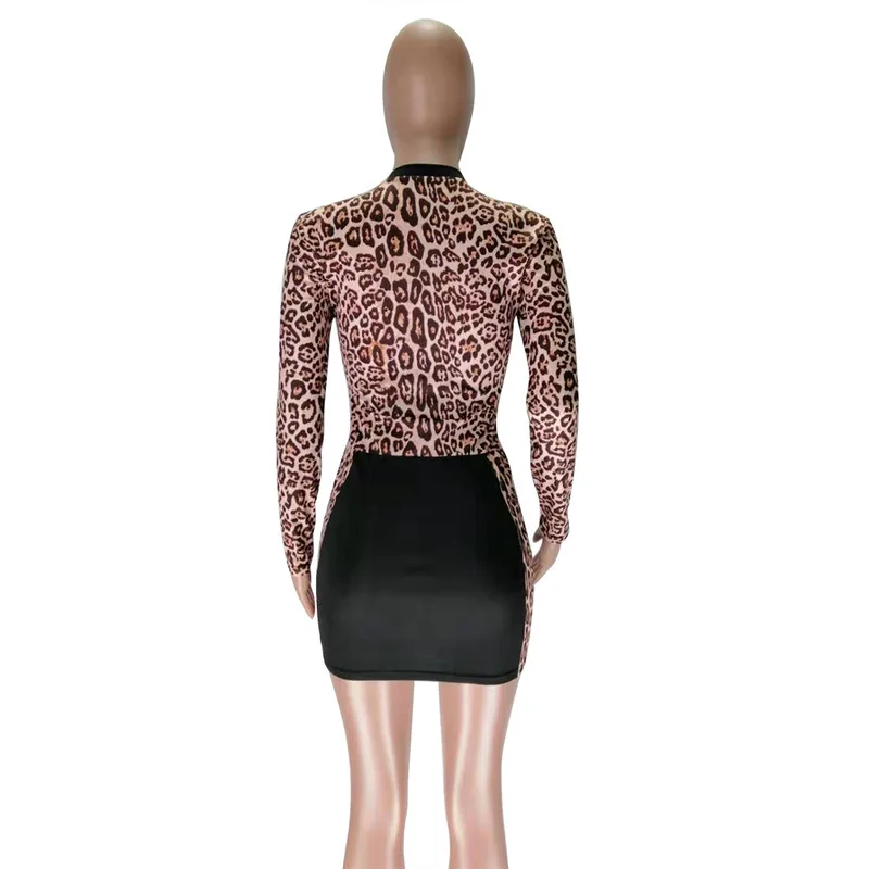 

Leopard Printed Patchwork Casual Dress Women O Neck Long Sleeve Slim Fit Package Hip Vestidos Sexy Plus Size Mini Skinny Dresses