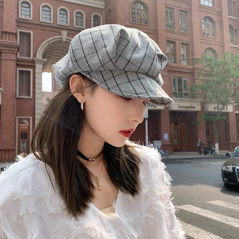 

Tartan College Octagonal Hat Children Summer English Retro Duck Tongue Beret Obscure Painter Newsboy Hat