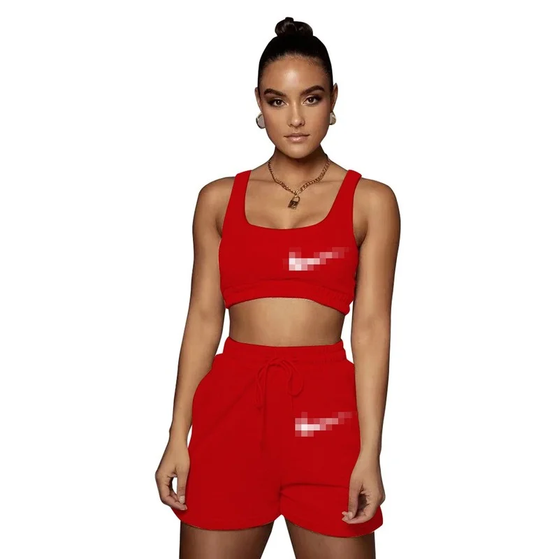 

2021 Women's Fashion Shorts Sports Suit Women's New Summer Round Neck Solid Color Sleeveless Vest DAFIFY