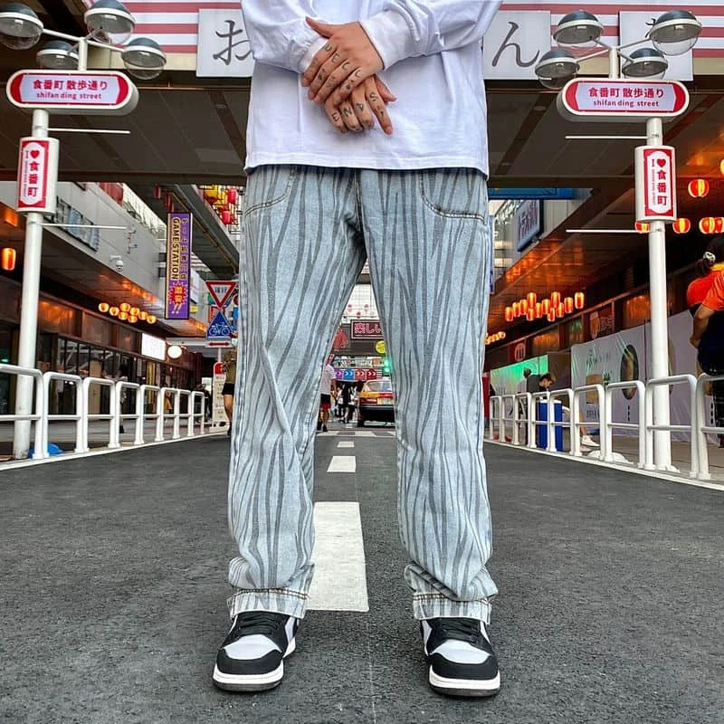 

Jeans Men And Women Hip-hop Street Full Print Thorns Zebra Pattern Pants Trousers Straight Loose Loose Washed Close Full Length