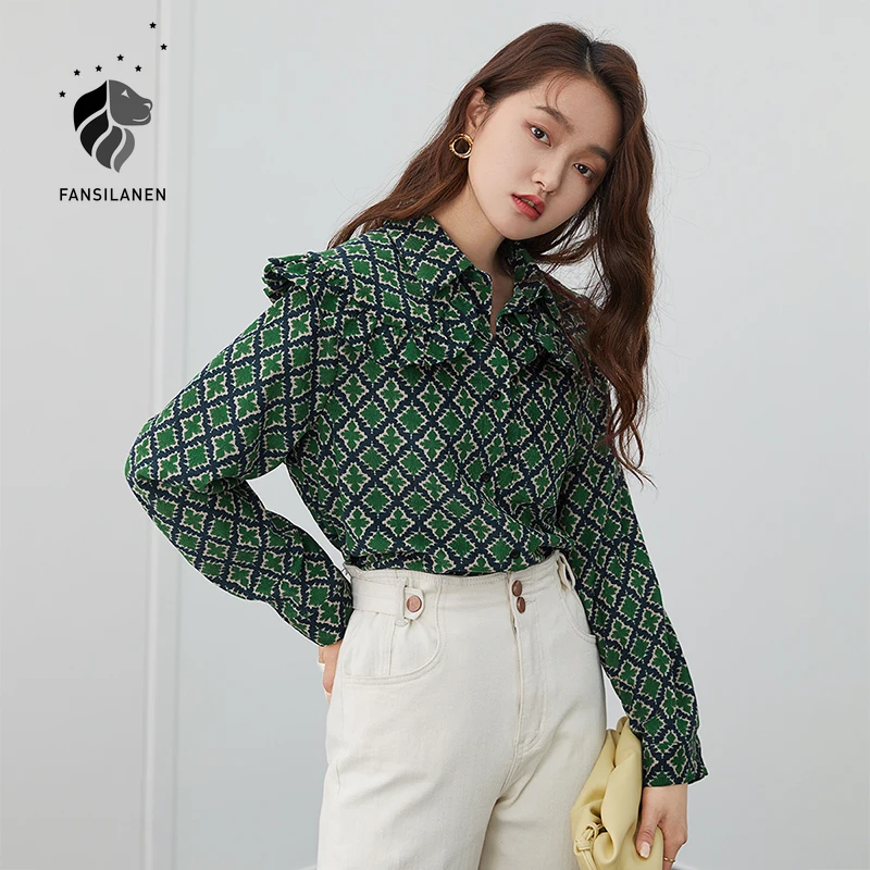 

FANSILANEN Plaid green ruffle casual blouse shirt Women long sleeve elegant knitted spring top Female vintage button up shirt