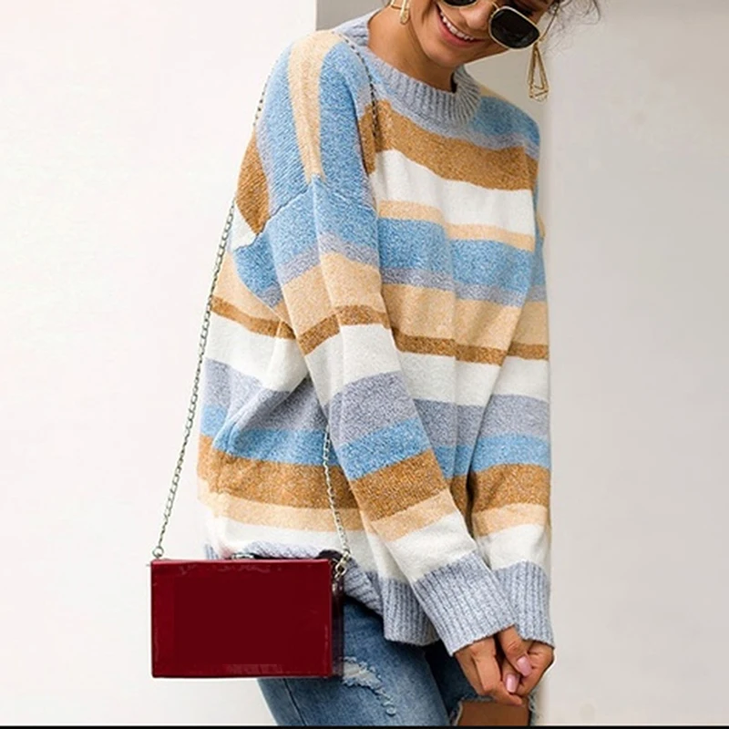 Женский полосатый пуловер большого размера свитера женские радужные с круглым