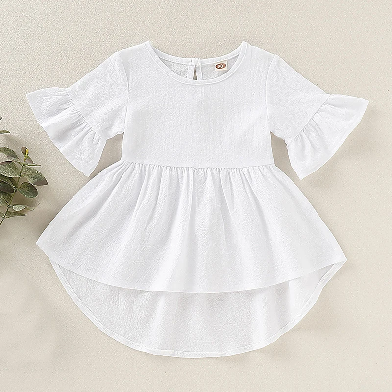 Bear Leader Casual Kid Baby Girl Plain Dress cute Clothes Summer Ruffle Flare Sleeve Asymmetrical Solid Sundress 1-5Y | Детская одежда