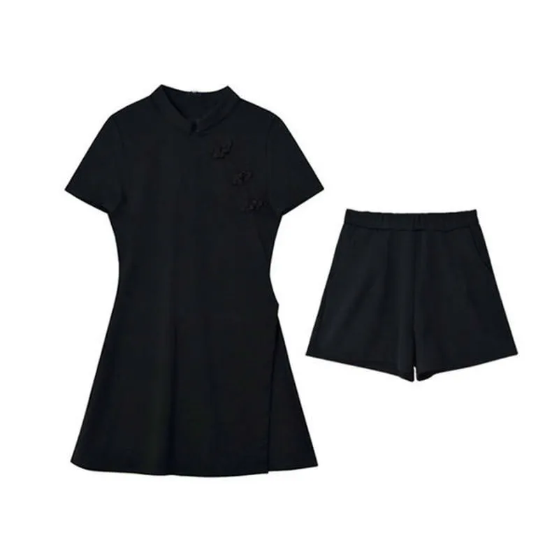 

QWEEK Black Cheongsam Dress Women Summer New Chinese Fashion Sexy Bodycon Short Sleeve Dress Mini Plus Size Dresses for Women