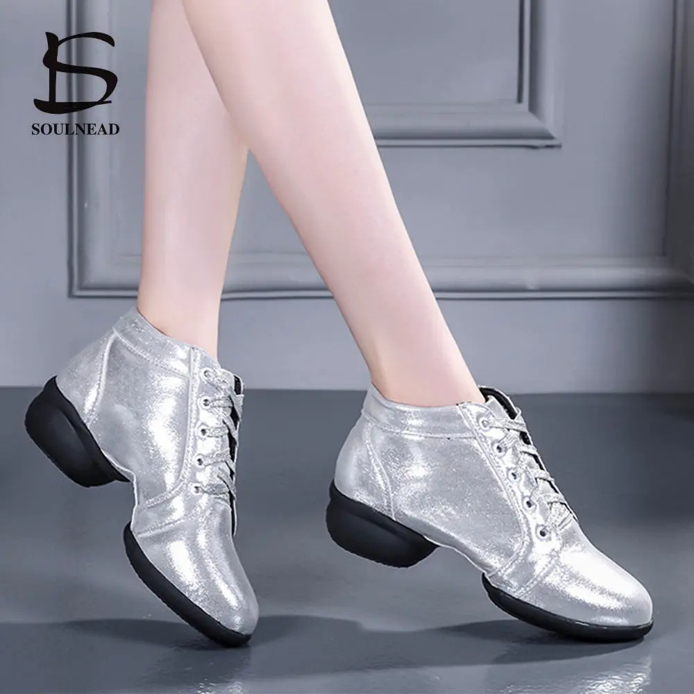 

Women Jazz Dance Shoes Gold Leather Dance Boots Heel 4cm Size 35-41 Woman's Jazz Dancing Shoes Sports Feature Dance Sneakers