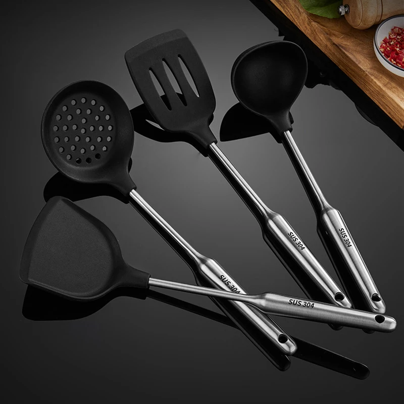 black silicone cooking appliances with stainless steel handle kitchen tools accessories soup spoon spatula nonstick cookware set free global shipping