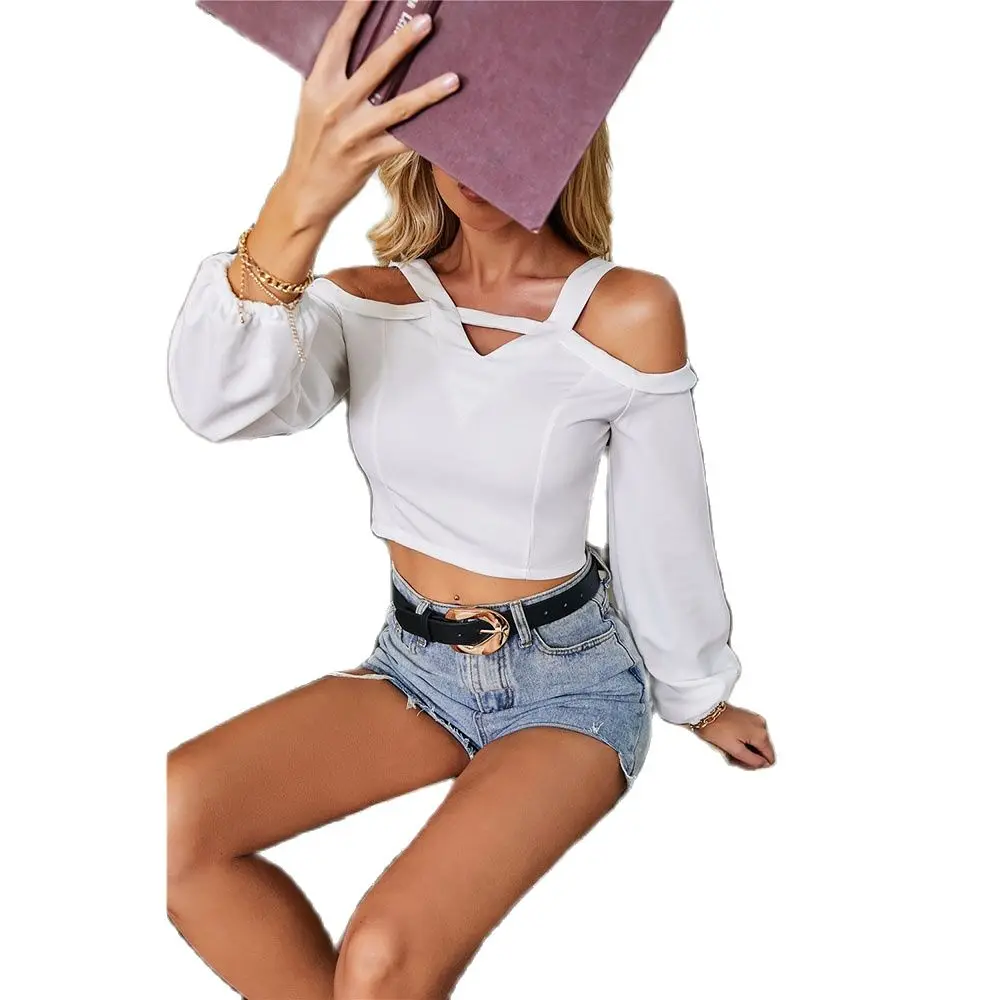 

Factory Price 2021 Autumn And Winter Good Quality New Products Off-Shoulder Irregular Long-Sleeved T-Shirt Short Top In Stock