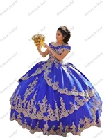 2022 Fancy Gold Embellishment Royal Blue Satin Quinceanera Dresses Charra Theme Party Birthday Sweet 15 16 Masquerade Prom Dress