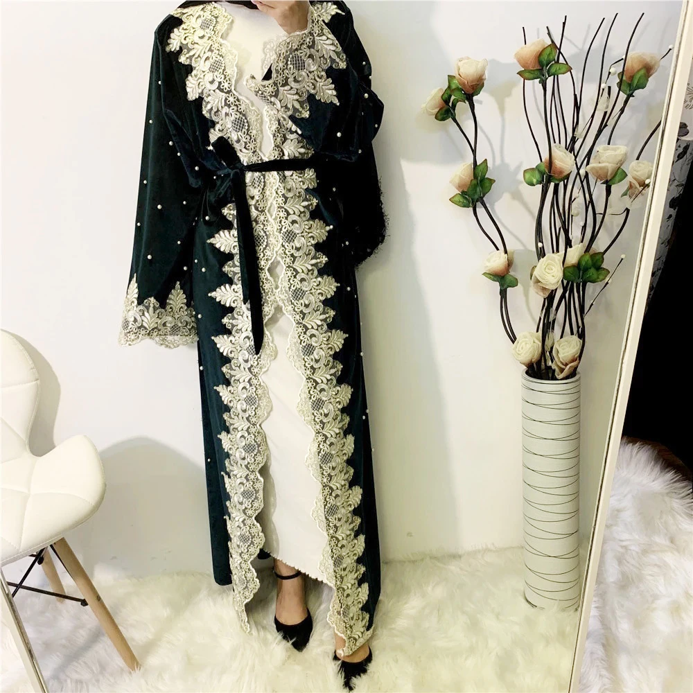 

Open Kimono Velvet Bead Muslim Women Abaya Long Dress Arab Jilbab Ramadan Maxi Robe Islamic With Belt Dubai Middle East Fashion