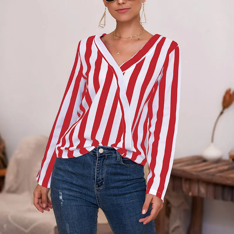 

Hot Women Striped V-neck Long-sleeved Shirt Blouse T-shirt Casual Tops Summer Beach