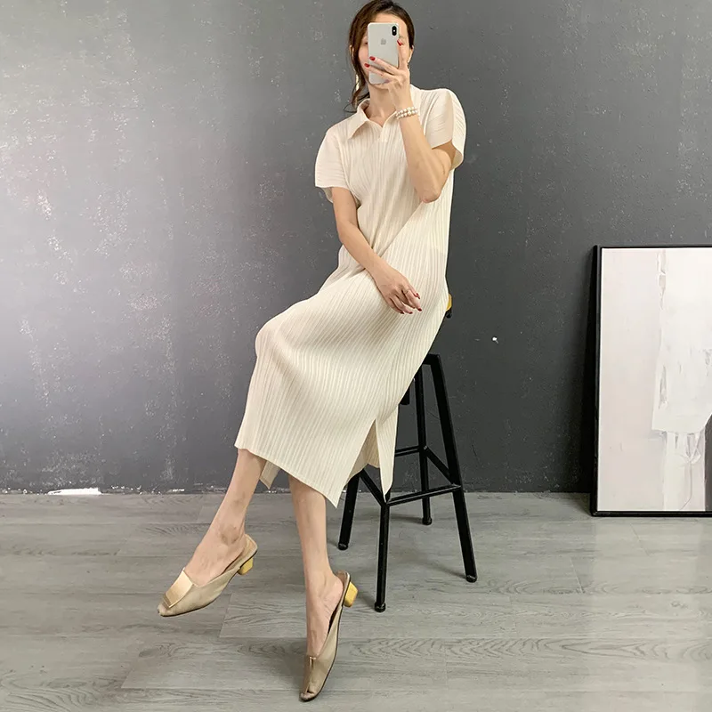 

Summer New Miyak Pleated Solid Women Dress Miyak Pleated Fashion Lapel Short Sleeve Split Straight Dresses