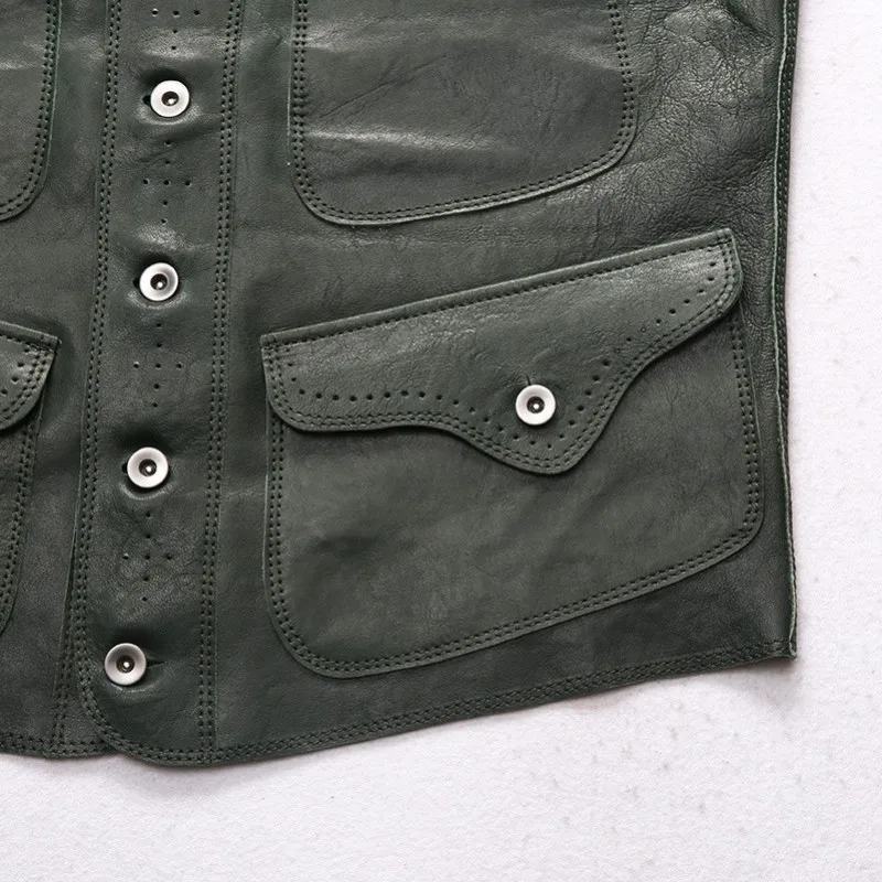 

Genuine Leather Mens Vest Vintage British Style Casual Sheepskin Sleeveless Jackets V Neck Single Breasted Cowboy Tank Waistcoat