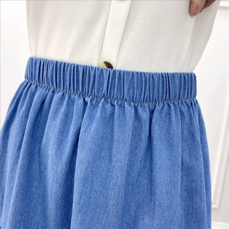 

Skir Fashion Preppy Style Denim Tencel Midi Pleated Skirt Women Solid Color Long Skirt High Waist Female Big Hem Casual Jean