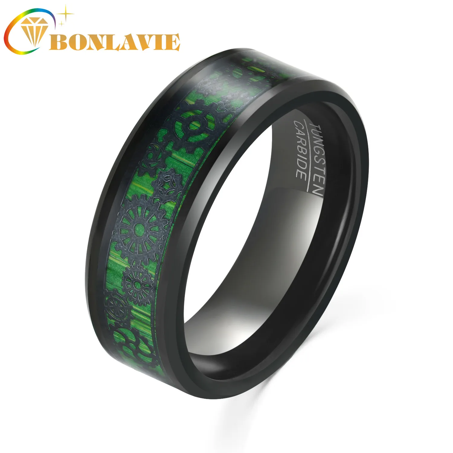 

BONLAVIE 8mm Electric Black Inlaid with Green Carbon Fiber and Gear Pattern Tungsten Steel Ring Men Wedding Jewellery