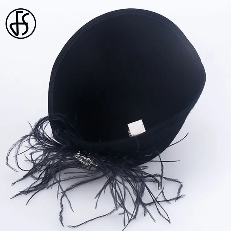 Женская винтажная фетровая шляпа FS черная с широкими полями украшенная стразами
