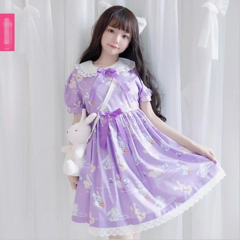 

Summer Mori Girl Cute Bunny Print Dress Short Sleeve Lolita Dress Vintage Girl Kawaii Tea Party Princess Dress