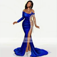 sexy african prom dress mermaid split illusion beads long sleeves women party gowns robes de cocktail custom