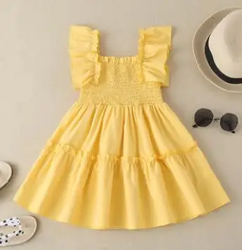 

New Solid color sleeveless pleated Dress Girls Summer Smocked Square Collar Fly Sleeve Ruffle Yellow Blue White
